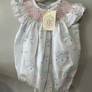 The Beaufort Bonnet Company White floral and bow bubble romper